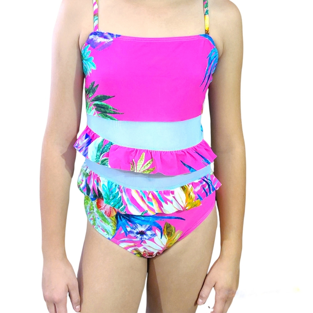 Coral Tropics Floral Print One Piece Bathing Suit Pink with Sheer parts …